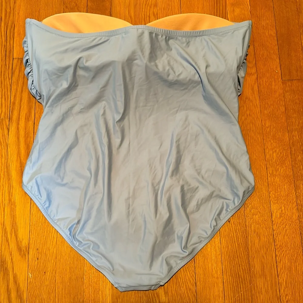 Reimagined by J Crew ruched bandeau one piece bathing suit in Pale Seascape